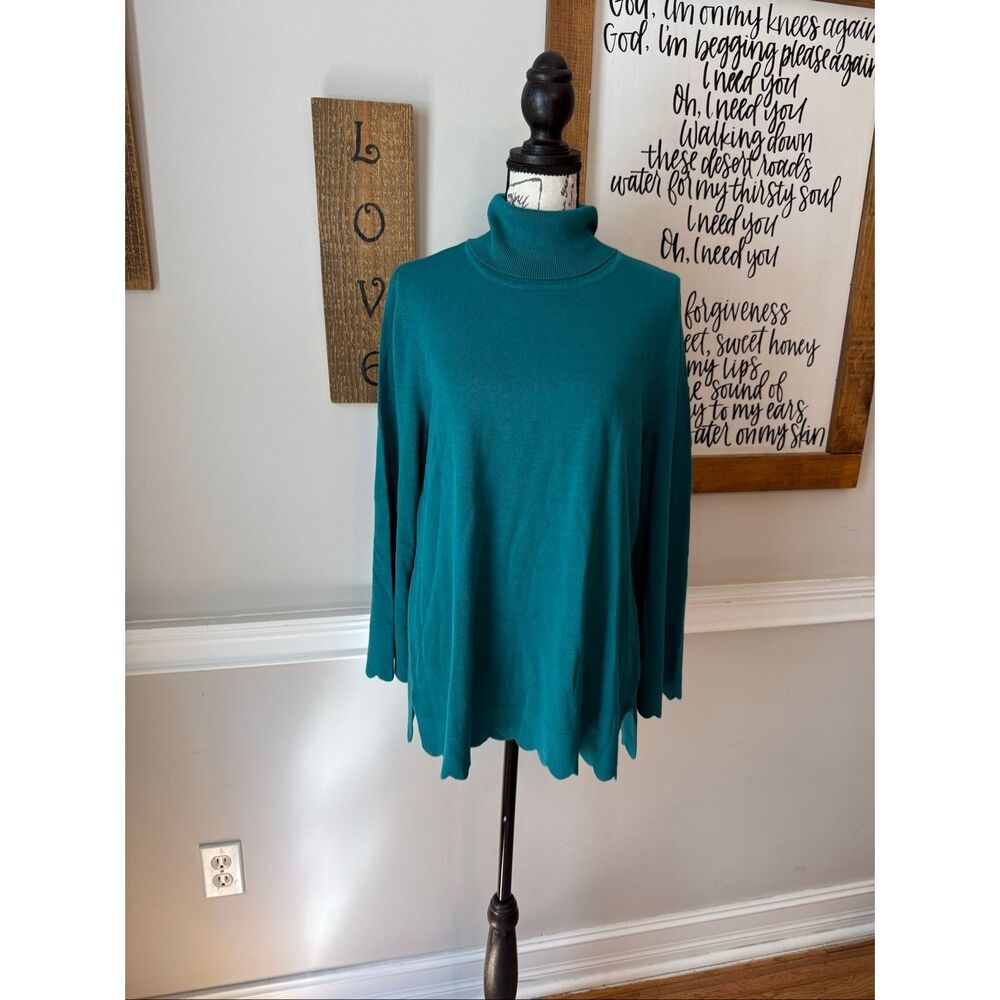 Isaac Mizrahi Live Women's Scallop Hem Turtleneck Sweater Deep Teal Large NWOT